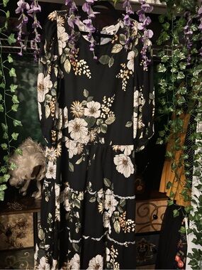 Black Floral Tiered Midi Dress with Puff Sleeves